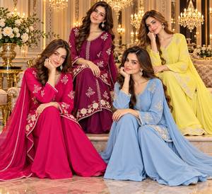 Embroidered Churidar Plazo Suit Chiffon Dupatta Traditional Dress <b>Wedding</b> Festival Wear Buttersilk Pure Stuff Handwork Wrinkle - Product Image 1