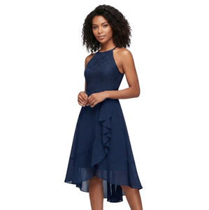 Robe de Demoiselle d'Honneur en Chiffon à Col Halter Asymétrique avec Volants, Taille Naturelle, Sans Manches, Style Classique, Bleu Marine, Robe pour Femme - Product Image 3