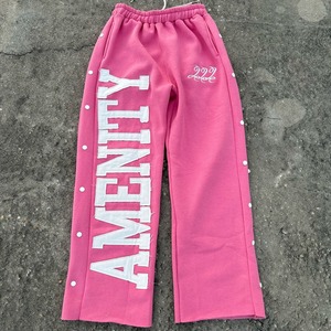 Custom Applique Letter <b>Wide</b> <b>Leg</b> Sweatpants <b>Men</b> Red Heavyweight Fleece Jogger Pants Snap Button Side Streetwear <b>Trousers</b> - Product Image 1