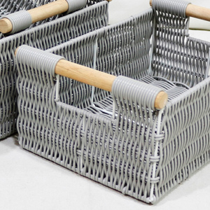 Eco-Friendly <b>Rectangular</b> Plastic Grey Wicker <b>Baskets</b> With Wooden Handles, Handmade <b>Storage</b> For Home Decor & Gifts - Product Image 5