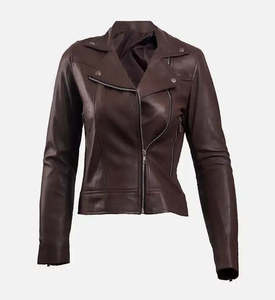 Women’s Dark Brown Genuine <b>Leather</b> Biker <b>Jacket</b> Full Sleeve Stand Collar Zipper Closure Autumn Style - Product Image 1