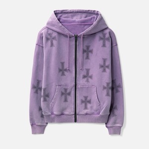 Men's <b>Zip</b>-<b>Up</b> Spandex/Cotton Terry Fabric Regular Fit Waterproof Hip Hop Style Rhinestone Printed Custom Heavyweight Hoodie - Product Image 1