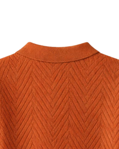 Custom Mens <b>Rust</b> Orange Textured Knitted Polo Shirt Short Sleeve Summer Casual Slim Fit Knitwear Custom Logo Wholesale Supplier - Product Image 6