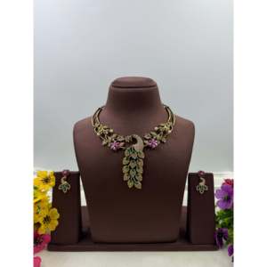 Indian Ethnic Rishika Peacock Design Victorian Gold Plated Bridal Necklace & Earring Set - Product Image 2