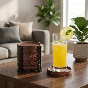 6Pcs Acacia Wood <b>Drink</b> <b>Coasters</b> Set with Holder | Wooden Tea Coffee Cup <b>Coasters</b> <b>for</b> Table Home Office Decor - Product Image 2