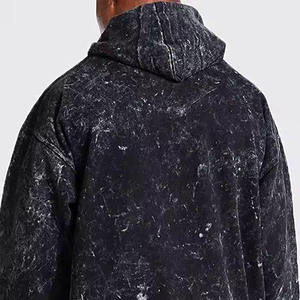 Men's <b>Black</b> Washed Hooded Oversized Sweatshirt Solid Color Casual Hoodie with Front Pocket Regular Fit Knitted French Terry - Product Image 2