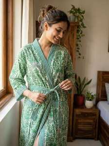 Bata de algodón con estampado floral verde para mujer, manga larga, cuello en V, largo completo, ropa informal, tela suave tejida, lavado a mano - Product Image 4