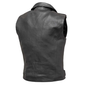 Gilet de motard en cuir véritable pour homme avec fermeture éclair, col rabattable, ceinture, couleur unie, coupe classique - Product Image 5