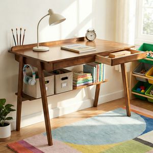 Scrivania Moderna Stile Mid-Century con 2 Cassetti e Ripiano Portaoggetti in Legno Massello e MDF per Ufficio Domestico e Spazi Ridotti, Ideale per Hotel - Product Image 1