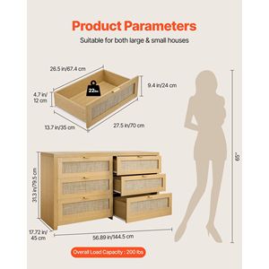 ตู้ลิ้นชักไม้สไตล์โมเดิร์น 6 ลิ้นชัก พร้อมหวายธรรมชาติ ตู้ลิ้นชักคู่สำหรับห้องนอนพร้อมมือจับโลหะ ตู้ไม้สไตล์โมเดิร์นสำหรับเก็บเสื้อผ้า - Product Image 3
