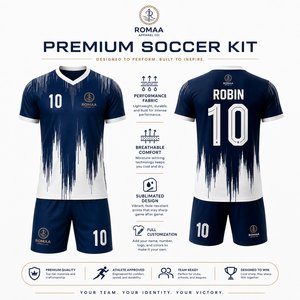 Ensemble Maillot et Short de Football Personnalisé Bleu Marine, Blanc et Or, Col en V, Uniforme d'Équipe de Football Sublimé, OEM, Anti-Transpiration, Extensible dans les Quatre Sens - Product Image 4