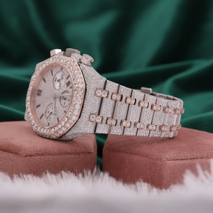 Montre de luxe chronographe en moissanite sertie de pierres, or rose, argent, acier inoxydable - Product Image 3