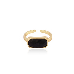 Anillo ajustable de ónix negro con corte a cuadros para uso diario, de latón macizo chapado en oro de 18k, estilo geométrico, forma rectangular. - Product Image 1