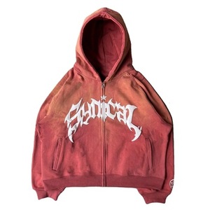 Sweat à capuche zippé pour homme, style streetwear, avec logo personnalisé, effet délavé à l'acide, usé et délavé par le soleil, motif imprimé gothique - Product Image 2