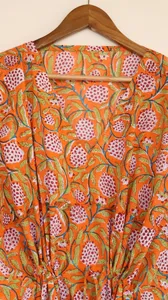 Vintage <b>Boho</b> Floral Block Print Orange Kaftan <b>Dress</b> With Tie Back Loose Fit Short Sleeve Cotton <b>Summer</b> Long <b>Dress</b> - Product Image 4
