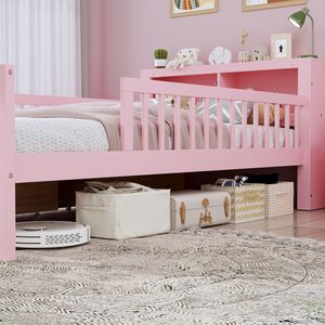 Letto singolo rosa per bambini con testiera con vano portaoggetti, due cassetti sotto il letto e tre sponde laterali per sicurezza e protezione - Product Image 4