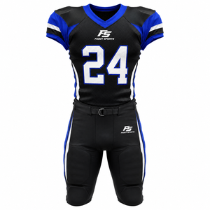 Ensemble d'uniformes de football américain personnalisés noir, bleu roi et blanc – Maillot rembourré en mesh et pantalon intégré – Tenue d'équipe à marque privée - Product Image 1