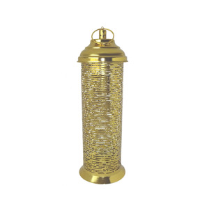 Farol de vela hexagonal marroquí de latón pulido dorado con techo cónico perforado de diamante y puerta con pestillo en la parte superior de la chimenea - Product Image 6