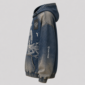 Sudadera con Capucha de Mezclilla Personalizada al por Mayor para Hombre, Estilo Urbano, con Estampado Gráfico de Astronauta, Sudadera de Jean Azul de Alto Gramaje - Product Image 2
