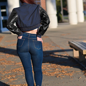 Veste courte universitaire pour femme, bleu marine, style Letterman, manteau bomber, manches en similicuir, vêtement d'extérieur décontracté, mode féminine - Product Image 4