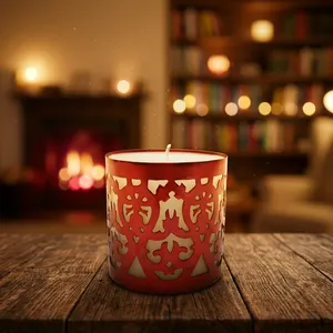 Portavelas Votivo de Metal Rojo en Forma de Cilindro con Patrón Recortado, Decoración Duradera para el Hogar - Product Image 1