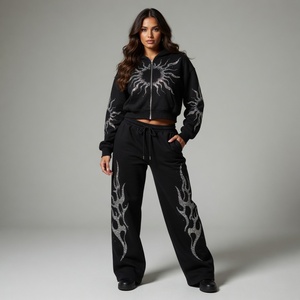 Glory Custom Black Fleece Zip-up Hoodie and Joggers <b>Set</b> with Silver Glitter Sun and Flame Graphic Street Wear Winter Tracksuit - Product Image 5