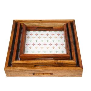 Bandejas de madera cuadradas artesanales al por mayor, platos decorativos geométricos coloridos con estampado de diamantes para pedidos al por mayor - Product Image 2