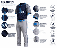Seragam Jersey Baseball Pria Lengan Pendek Kancing Depan Motif Geometris Penyerap Keringat 100% Poliester Celana Abu-abu dengan Sabuk Biru
