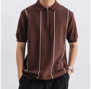 Polo en maille à col zippé pour homme, à rayures verticales, coupe athlétique 2026, coloris beige, blanc, noir, marron et vert, vêtement de sport décontracté HD - Product Image 5