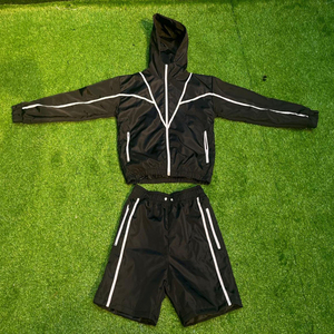Ensemble de survêtement coupe-vent pour homme, style hip-hop, été, personnalisé, avec fermeture éclair réfléchissante, 100 % polyester, deux pièces (veste et short) - Product Image 1