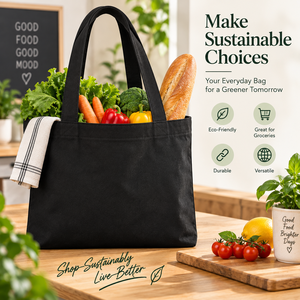 Large <b>Black</b> Recyclable Canvas Tote <b>Bag</b> with <b>Top</b> <b>Handle</b> Screen Printed for Daily Use Party & Suit - Product Image 5