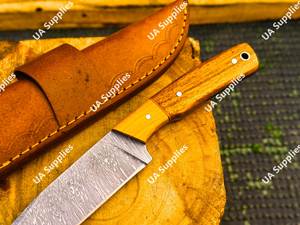 Cuchillo de Caza de Acero de Damasco con Hoja de Punta Caída, Mango de Madera y Funda de Cuero, Afilado como una Navaja, para Uso en Exteriores - Product Image 6