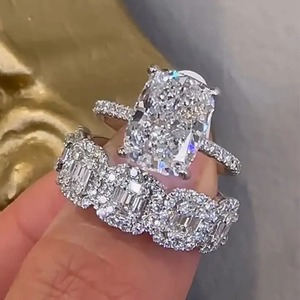 925 Moissanite Vintage <b>Cushion</b> Cut <b>Wedding</b> <b>Ring</b> Set With Halo Emerald Cut Half <b>Wedding</b> Band in White Gold Plated for Women's. - Product Image 2