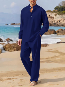 Ensemble d'été décontracté pour homme : chemise respirante et pantalon uni, idéal pour les voyages et la plage - Product Image 3