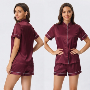 Ensemble de pyjama pour femmes en satin à manches courtes et short, chemise boutonnée en soie 100%, short, deux pièces pour femmes - Product Image 4