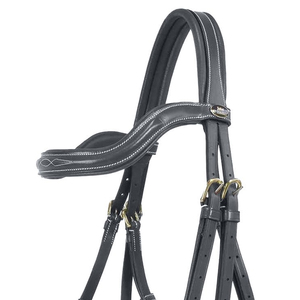 Bridon de cheval en cuir noir avec surpiqûres blanches et ferrures en laiton - Product Image 3