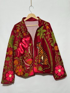 Eclectic Styling Hand Embroidered Suzani <b>Velvet</b> Jacket Tiger Snake Maroon Palm Tree Artwork Outwear Statement Floral Boho <b>Coat</b> - Product Image 1