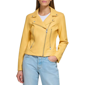 Veste de moto en cuir PU jaune pour femmes, manches longues, col rabattu, fermeture éclair, manteau court - Product Image 4