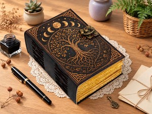 Herb Heritage Large Hardcover Leather Grimoire Tree <b>Life</b> Notebook Celestial Spell <b>Book</b> Sewing Bound Water Color Vintage Old Page - Product Image 2