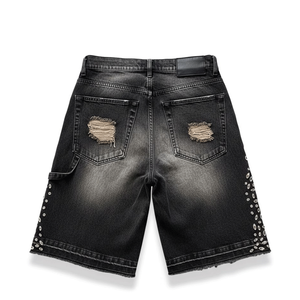 2026 New Custom 100% Cotton Double Knee Distressed Vintage Acid Wash Baggy Rhinestone Jorts Denim <b>Jeans</b> Shorts for <b>Men</b> - Product Image 2