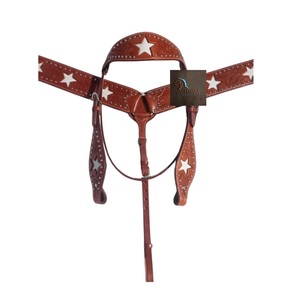 Western Brown <b>Leather</b> Horse Headstall and Breast Collar Set with White Star Inlay Studded Tack Gear - Product Image 3