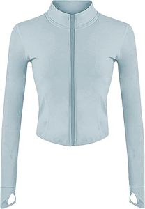 Camiseta de yoga azul de manga larga con media cremallera para mujer, ajuste ceñido, transpirable, de poliéster, ropa deportiva, diseño sin costuras, color liso, cuello alto - Product Image 1