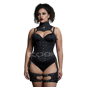 Underbust Steelboned <b>Gothic</b> And Steampunk Black Denim <b>Corset</b> With Neck And Leg Harness - Product Image 1