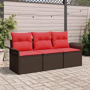 Ensemble de canapés de jardin en polyrotin marron et rouge, 3 pièces, avec coussins manuels - Product Image 1