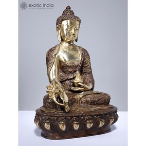 Sculpture en laiton de 12 pouces de bouddha de la médecine avec des symboles Ashtamangala sur une œuvre d'art historique élégante - Product Image 4