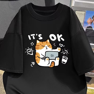 เสื้อยืดโอเวอร์ไซส์ผ้าฝ้ายถัก 100% พิมพ์โลโก้ตามสั่ง สไตล์ลำลอง ทรงปกติ แฟชั่นสตรีทแวร์ - Product Image 1