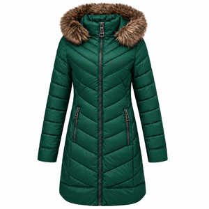 Veste matelassée longue pour femme de qualité supérieure, verte, avec capuche en fourrure, fermeture éclair, manteau d'hiver chaud, design de logo personnalisé - Product Image 4