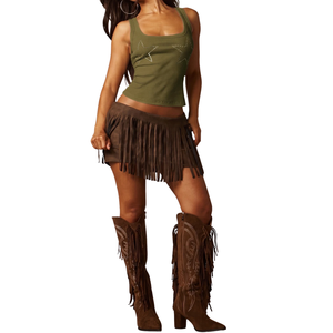 Customized Women's Olive Green Knitted Tank <b>Top</b> With <b>Rhinestone</b> Star Deco Scoop Neck Sleeveless Crop <b>Top</b> Bohemian Style - Product Image 4