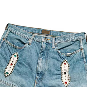 Shorts de mezclilla de nueva llegada para hombre, estilo jeans, ropa de calle con logo personalizado, color sólido, shorts de mezclilla con pedrería para hombre - Product Image 2