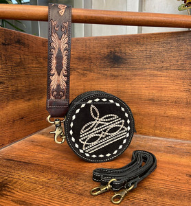 ODM OEM Custom Boot Stitch Suede <b>Leather</b> Crossbody Coin Purse Hand <b>Tooled</b> Wristlet Zipper Pouch Multi-Function Round Women Purse - Product Image 2